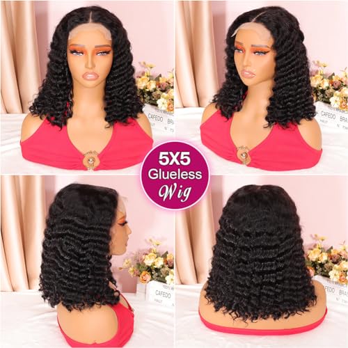 Ailwelia Curly Bob Wig Human Hair Deep Wave Glueless Wigs Human Hair Pre Plucked Pre Cut 5x5 Wear And Go Glueless HD Lace Closure Wigs Human Hair For Black Women 200% Density Black Color 14 Inch - Image 4