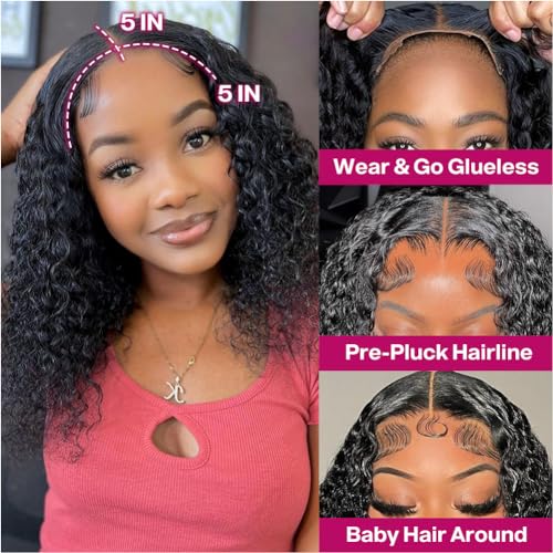 Ailwelia Curly Bob Wig Human Hair Deep Wave Glueless Wigs Human Hair Pre Plucked Pre Cut 5x5 Wear And Go Glueless HD Lace Closure Wigs Human Hair For Black Women 200% Density Black Color 14 Inch - Image 2