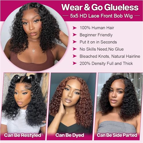 Ailwelia Curly Bob Wig Human Hair Deep Wave Glueless Wigs Human Hair Pre Plucked Pre Cut 5x5 Wear And Go Glueless HD Lace Closure Wigs Human Hair For Black Women 200% Density Black Color 14 Inch - Image 3