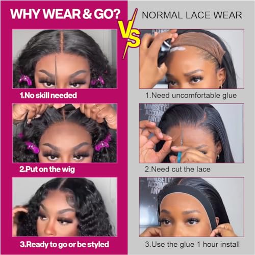 Ailwelia Curly Bob Wig Human Hair Deep Wave Glueless Wigs Human Hair Pre Plucked Pre Cut 5x5 Wear And Go Glueless HD Lace Closure Wigs Human Hair For Black Women 200% Density Black Color 14 Inch - Image 5