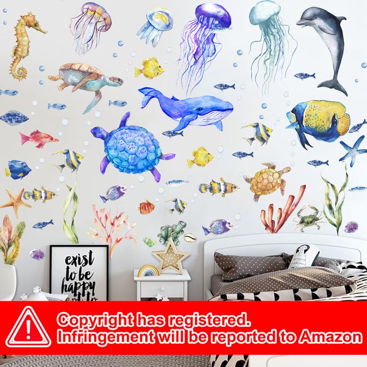 Sinekong 4 Sheets Ocean Fish Wall Decals Stickers Sea Wall Decal Stickers Removable Sea Life Marine Animal Sticker Underwater Ocean Creatures Decor for Kids Girls Boy Nursery Bedroom Bathroom - Image 2