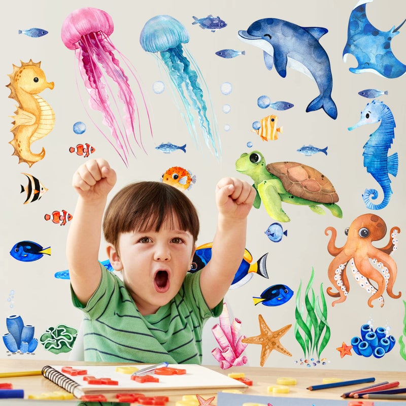 Sinekong 4 Sheets Ocean Fish Wall Decals Stickers Sea Wall Decal Stickers Removable Sea Life Marine Animal Sticker Underwater Ocean Creatures Decor for Kids Girls Boy Nursery Bedroom Bathroom - Image 3
