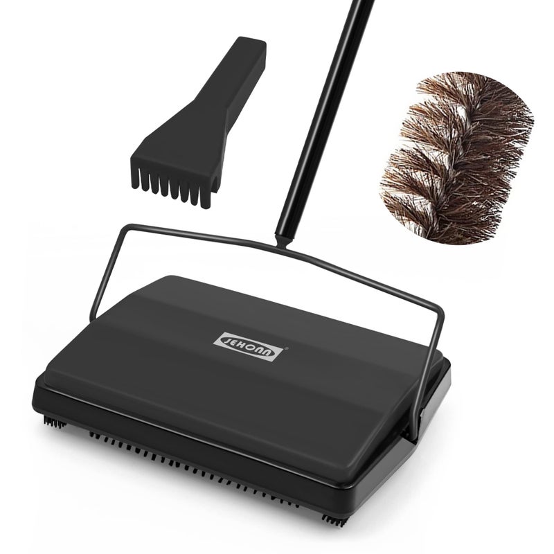JEHONN Carpet Floor Sweeper Manual with Horsehair Non Electric Quite Rug Roller Brush Push for Cleaning Pet Hair Loose Debris Lint Black