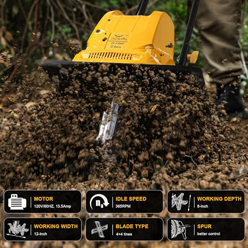 IncwBo Electric Tiller/Cultivator 4 Steel Tines, 8'' Tilling Depth Garden Roto Tillers for Gardening, 13.5 Amp 12 Inch Corded Rototiller with Adjustable Wheels, Yellow - Image 2