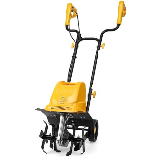IncwBo Electric Tiller/Cultivator 4 Steel Tines, 8'' Tilling Depth Garden Roto Tillers for Gardening, 13.5 Amp 12 Inch Corded Rototiller with Adjustable Wheels, Yellow - Image 1