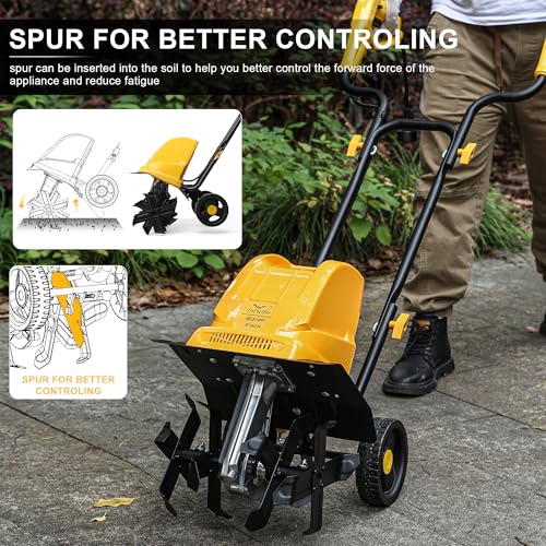 IncwBo Electric Tiller/Cultivator 4 Steel Tines, 8'' Tilling Depth Garden Roto Tillers for Gardening, 13.5 Amp 12 Inch Corded Rototiller with Adjustable Wheels, Yellow - Image 5