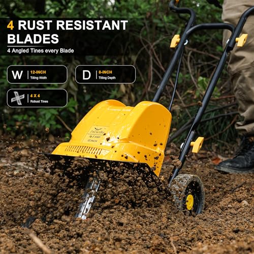 IncwBo Electric Tiller/Cultivator 4 Steel Tines, 8'' Tilling Depth Garden Roto Tillers for Gardening, 13.5 Amp 12 Inch Corded Rototiller with Adjustable Wheels, Yellow - Image 4
