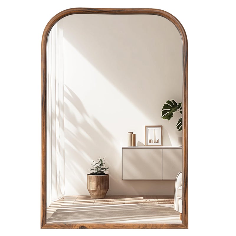 مرآة حائط قوسية 24x36 مرآة حمام للحائط بإطار من الزجاج المقسى بتشطيب خشبي مزخرف لغرفة المعيشة وغرفة النوم ومدخل طبيعي