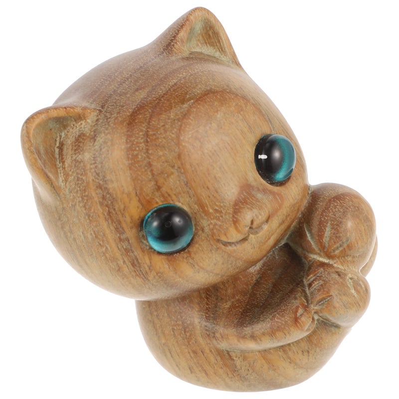Wood Carved Cat Sculpture Carved Cat Statue Desktop Cat Figurine - Image 1
