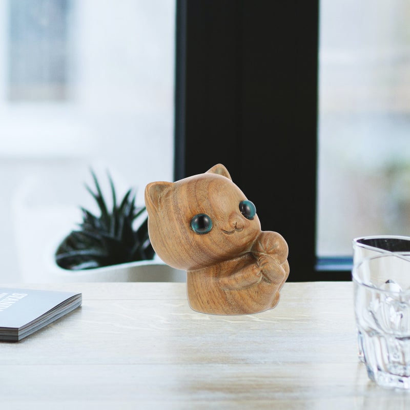 Wood Carved Cat Sculpture Carved Cat Statue Desktop Cat Figurine - Image 5