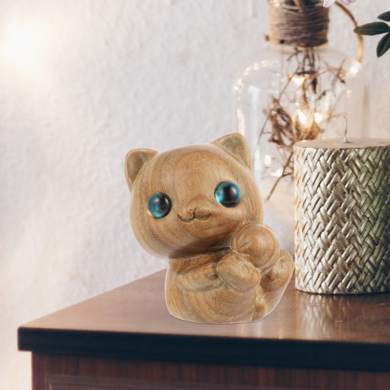 Wood Carved Cat Sculpture Carved Cat Statue Desktop Cat Figurine - Image 3