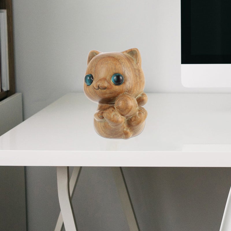 Wood Carved Cat Sculpture Carved Cat Statue Desktop Cat Figurine - Image 4