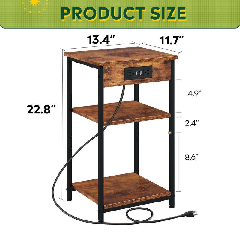 WLIVE End Table with Charging Station, Small Night Stand with 3 Storage Shelves, Side Tables for Small Spaces, Bedside Tables for Living Room, Bedroom, Rustic Brown - Image 2