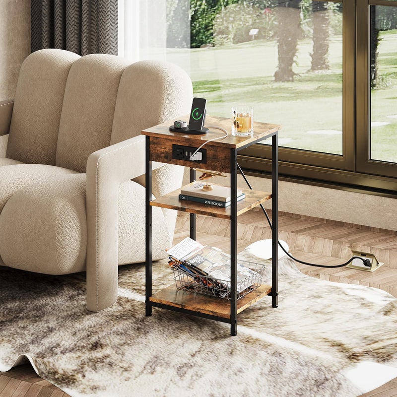 WLIVE End Table with Charging Station, Small Night Stand with 3 Storage Shelves, Side Tables for Small Spaces, Bedside Tables for Living Room, Bedroom, Rustic Brown - Image 5