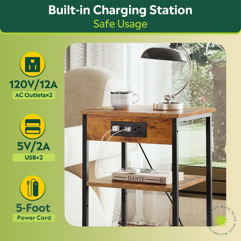 WLIVE End Table with Charging Station, Small Night Stand with 3 Storage Shelves, Side Tables for Small Spaces, Bedside Tables for Living Room, Bedroom, Rustic Brown - Image 3