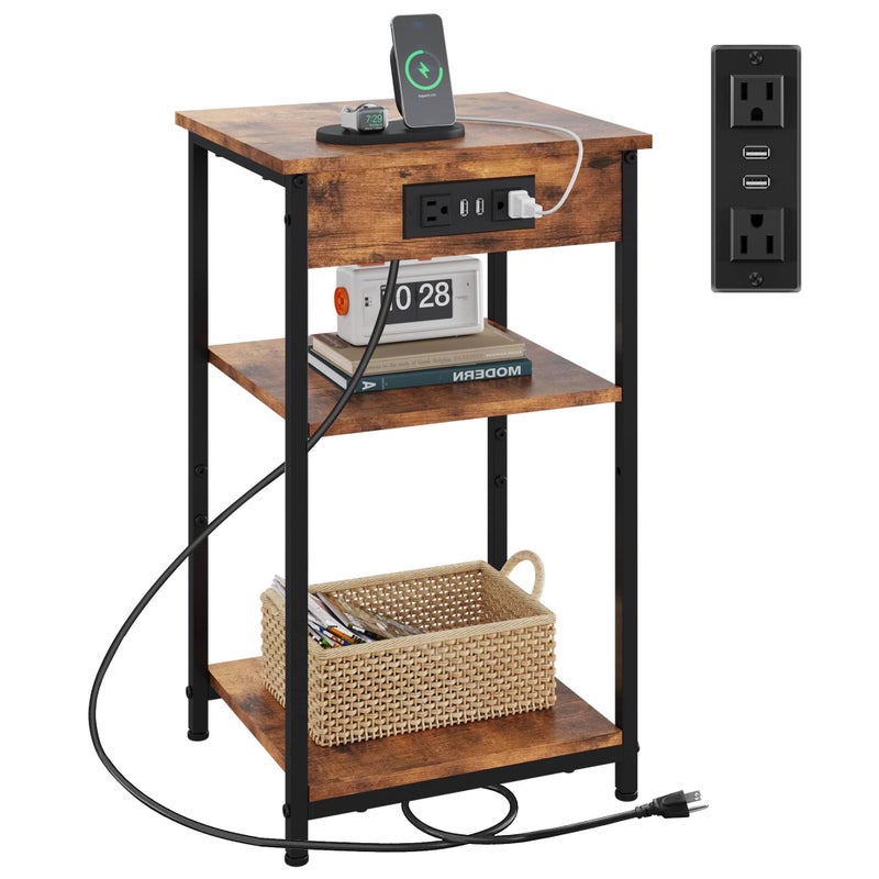 WLIVE End Table with Charging Station, Small Night Stand with 3 Storage Shelves, Side Tables for Small Spaces, Bedside Tables for Living Room, Bedroom, Rustic Brown - Image 1