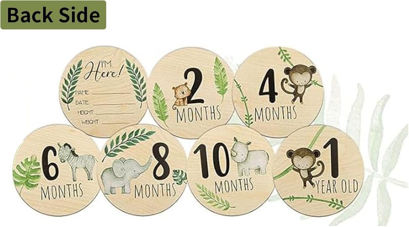 Excefore 7pcs Baby Monthly Milestone Cards for Newborn Photography, Double-Sided Wooden Age Cards, Round Baby Announcement Signs, Reusable Baby Shower Photo Props, Gender Neutral Newborn Welcome Set - Image 1