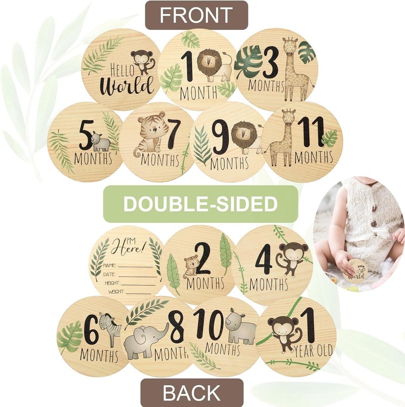 Excefore 7pcs Baby Monthly Milestone Cards for Newborn Photography, Double-Sided Wooden Age Cards, Round Baby Announcement Signs, Reusable Baby Shower Photo Props, Gender Neutral Newborn Welcome Set - Image 2