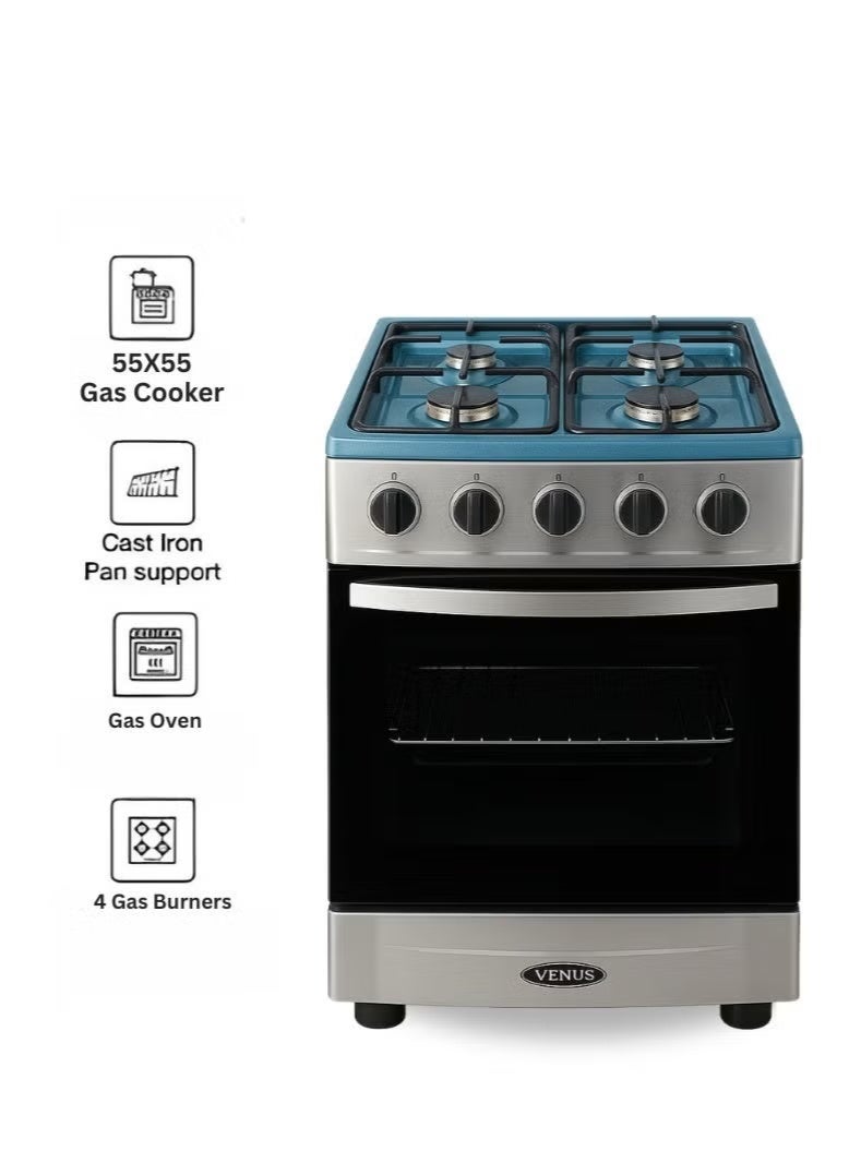 Venus 55x50 cm Full Stainless Steel Cooking Range | 4 Gas Burners with Thick Brass Burner Caps | Gas Oven with Mirror Finish Glass Door | Automatic Ignition | Compact Premium Design. Model VC5555ESD - Image 1