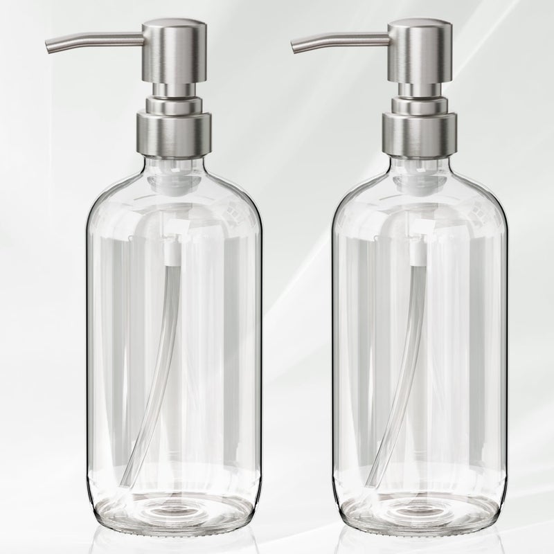 AmazerBath Soap Dispenser 2 Pack Glass Soap Dispenser with Pump Stainless Steel 17OZ Hand Soap Bottles Bathroom Kitchen Clear