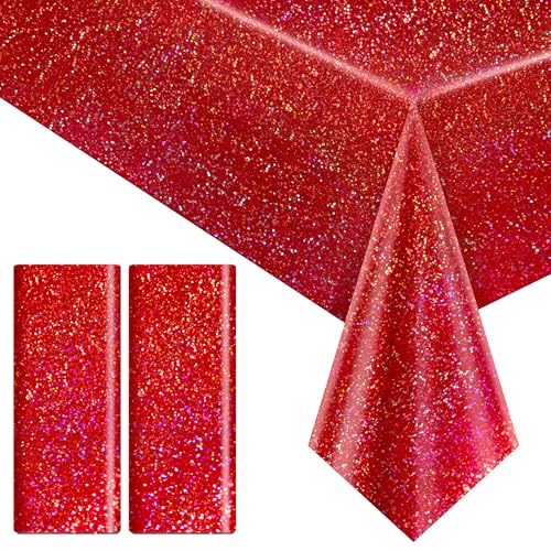 Just Shimmer 2 قطع مفرش طاولة ليزر هولوجرافيك أحمر للحفلات 40" × 108" مفرش طاولة عيد الميلاد زينة طاولة متلألئة لاحتفالات 4 يوليو حفلات التخرج موضوع ليلي كازينو لوازم حفلات أعياد الميلاد - Image 1