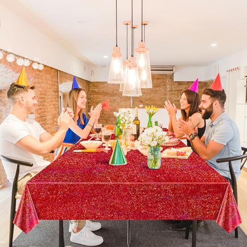 Just Shimmer 2 قطع مفرش طاولة ليزر هولوجرافيك أحمر للحفلات 40" × 108" مفرش طاولة عيد الميلاد زينة طاولة متلألئة لاحتفالات 4 يوليو حفلات التخرج موضوع ليلي كازينو لوازم حفلات أعياد الميلاد - Image 3