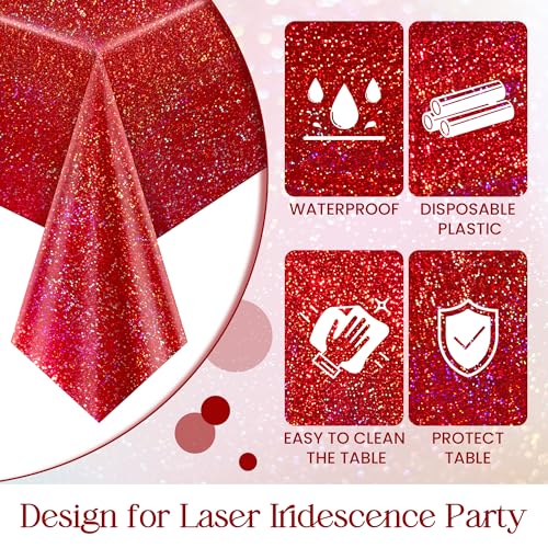 Just Shimmer 2 قطع مفرش طاولة ليزر هولوجرافيك أحمر للحفلات 40" × 108" مفرش طاولة عيد الميلاد زينة طاولة متلألئة لاحتفالات 4 يوليو حفلات التخرج موضوع ليلي كازينو لوازم حفلات أعياد الميلاد - Image 5