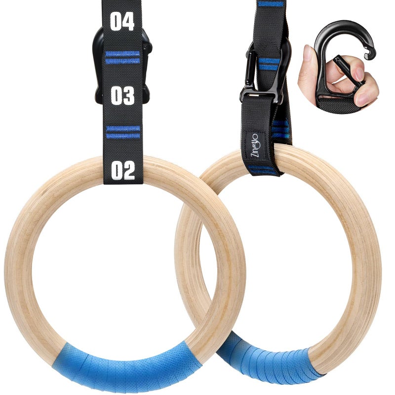 Zingtto Wooden Gymnastic Rings with Adjustable Numbered Straps. 1.1'' Olympic Rings for Core Workout, Crossfit, Bodyweight Training. Home Gym Rings with 8.5ft Exercise Straps and Workout Handles - Image 1