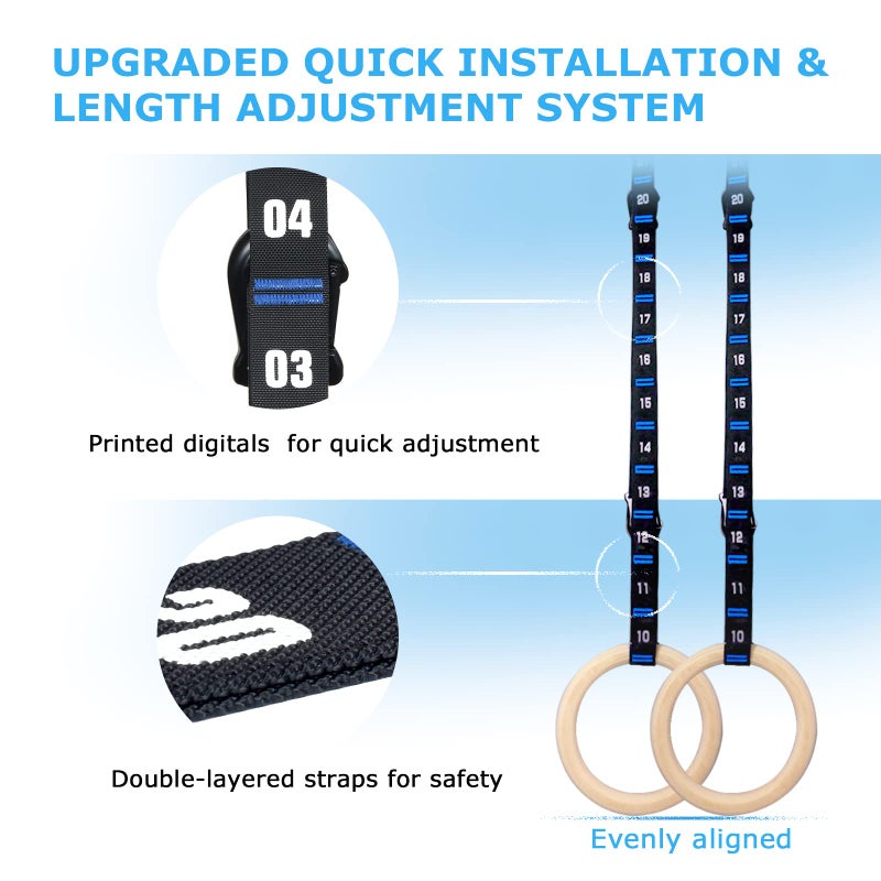 Zingtto Wooden Gymnastic Rings with Adjustable Numbered Straps. 1.1'' Olympic Rings for Core Workout, Crossfit, Bodyweight Training. Home Gym Rings with 8.5ft Exercise Straps and Workout Handles - Image 2