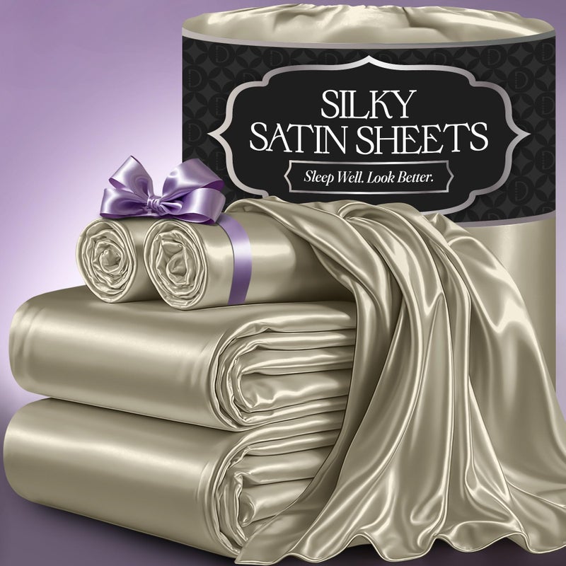 DECOLURE Satin Bed Sheets 4 Piece Luxury Silky Full Size Bedding Set Softer Than Silk WrinkleFree with 15 Deep Pocket Fitted Sheet Perfect for Hair Skin Gifts for Women Taupe