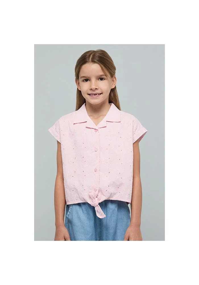 أر أند بي Embroidered Top with Classic Collar and Short Sleeves