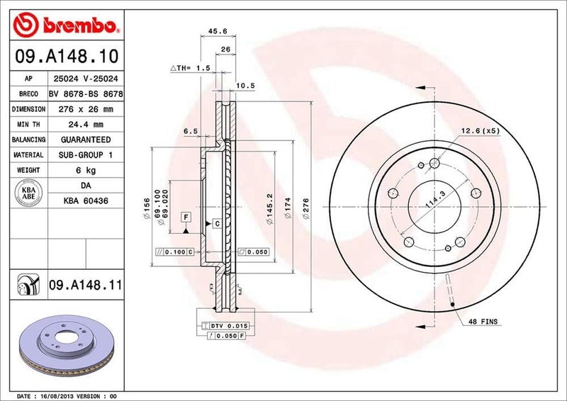 Brembo بريمبو 09.A148.11 قرص فرامل أمامي مطلي بالأشعة فوق البنفسجية - Image 2