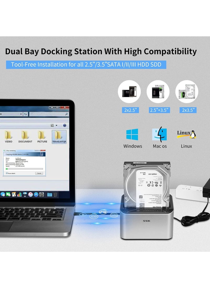 SSK Aluminum Hard Drive Docking Station, USB 3.0 to SATA Dual Bay External HDD Dock Caddy Reader for 2.5 & 3.5 inch SATA HDD SSD, with UASP Offline Cloner/Duplicator Function(2x20TB Supports