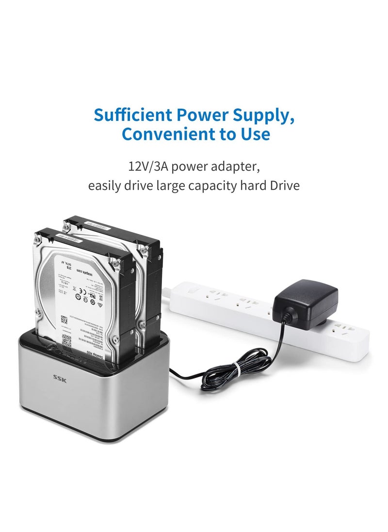 SSK Aluminum Hard Drive Docking Station, USB 3.0 to SATA Dual Bay External HDD Dock Caddy Reader for 2.5 & 3.5 inch SATA HDD SSD, with UASP Offline Cloner/Duplicator Function(2x20TB Supports