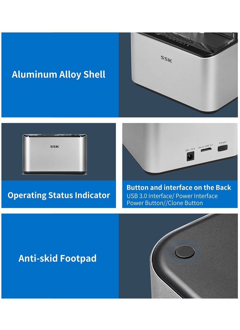 SSK Aluminum Hard Drive Docking Station, USB 3.0 to SATA Dual Bay External HDD Dock Caddy Reader for 2.5 & 3.5 inch SATA HDD SSD, with UASP Offline Cloner/Duplicator Function(2x20TB Supports