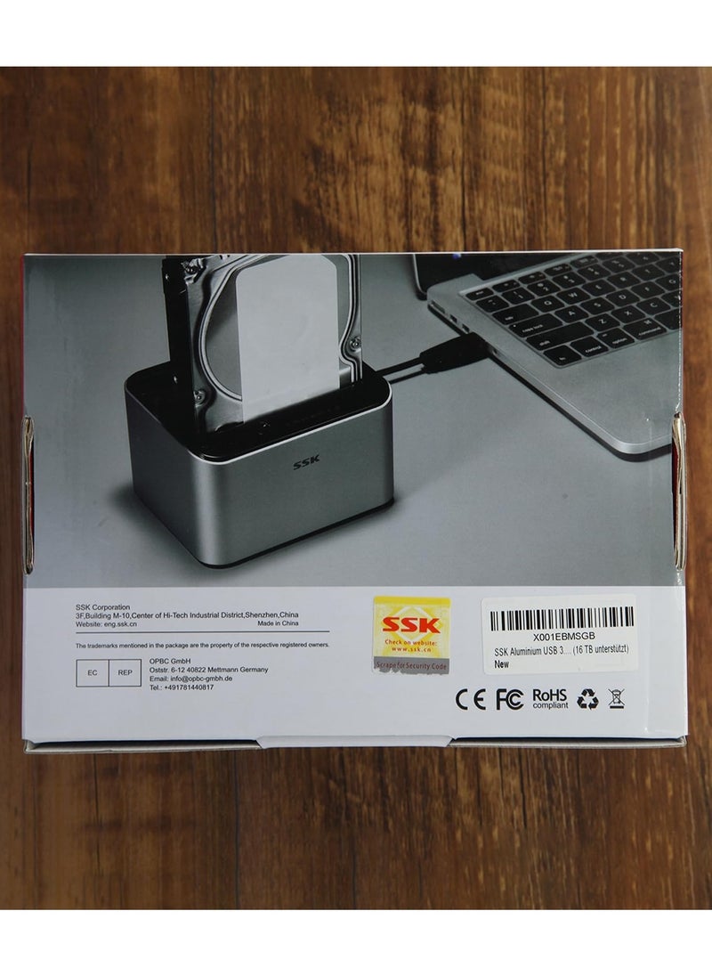 SSK Aluminum Hard Drive Docking Station, USB 3.0 to SATA Dual Bay External HDD Dock Caddy Reader for 2.5 & 3.5 inch SATA HDD SSD, with UASP Offline Cloner/Duplicator Function(2x20TB Supports