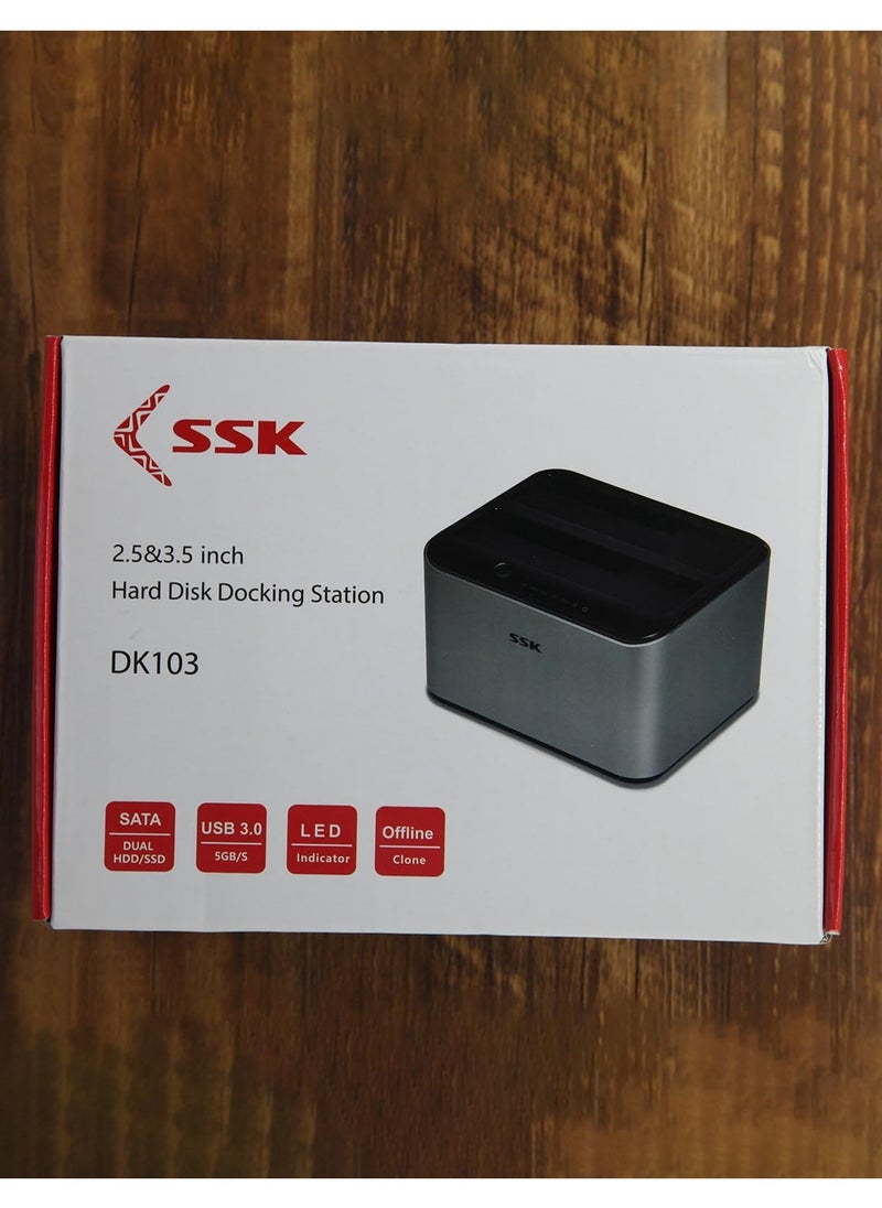 SSK Aluminum Hard Drive Docking Station, USB 3.0 to SATA Dual Bay External HDD Dock Caddy Reader for 2.5 & 3.5 inch SATA HDD SSD, with UASP Offline Cloner/Duplicator Function(2x20TB Supports