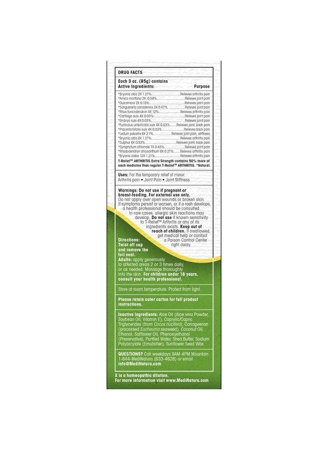 MediNatura T-Relief Extra Strength Arthritis Cream Arnica +12 Pain Relieving Natural Medicines Help Soothe Soreness Stiffness Aches & Pains in Joints Naturally - 3 oz  - Image 1