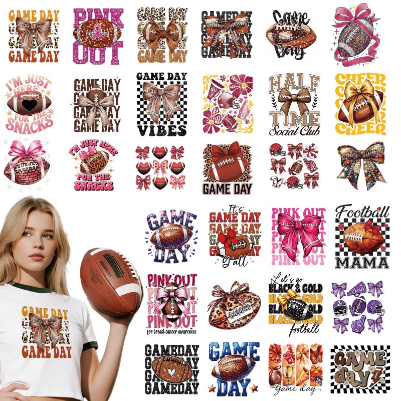 INCOK Football DTF Transfers Ready to Press - 30 Sheets Game Day Iron on Transfers for T-Shirt Coquettte Bow Iron on Decals Patches DIY Heat Vinyl Stickers for Clothing Pillow Hat Hoodie Bagpack - Image 1