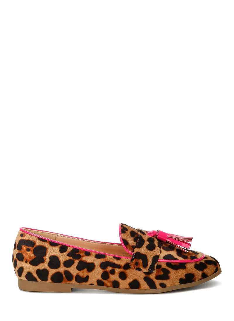 London Rag Micro Suede Tassel Loafers in Leopard