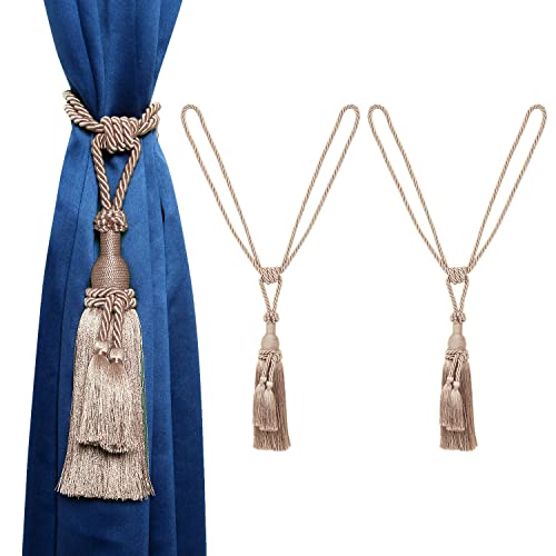 MALOINTEX 2 Pack Curtain Dual Tassel Tiebacks Tie-Backs, Handmade Rope Tiebacks Holdbacks, Polyester Curtain Tieback - Mink - Image 1