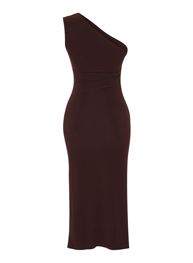 trendyol Brown One Shoulder Draped Fitted/Slim Fit Stretchy Knitted Midi Pencil Dress - Image 5