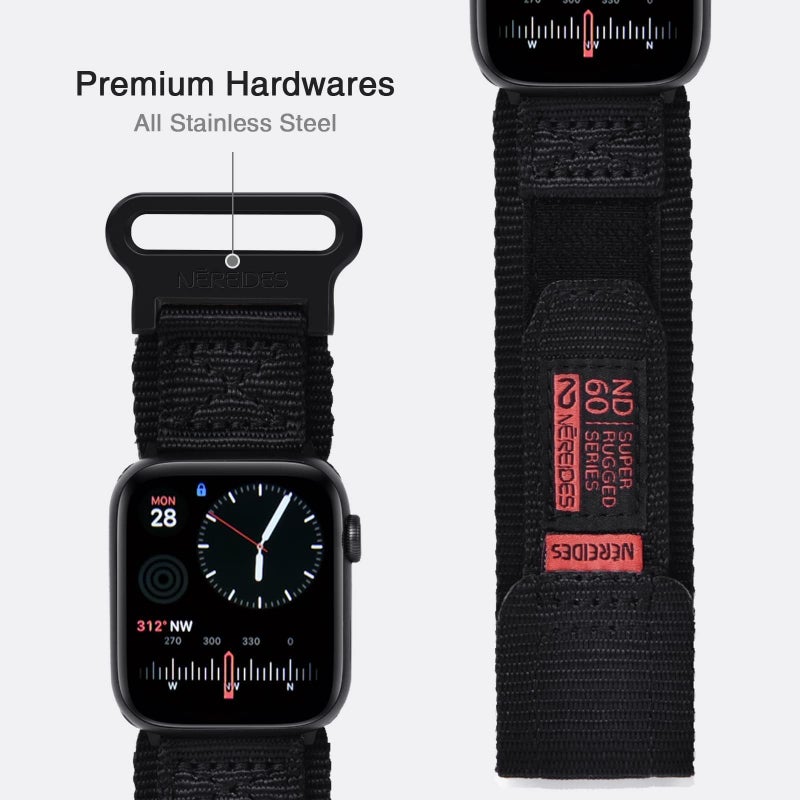 Nereides Compatible with Apple Watch Series 10 Band Series 9/8/7/6/5/4/SE/SE2/Ultra 1/2, Nylon Sports Strap with Woven Design for 49mm/46mm/45mm/44mm (L, Black) - Image 4