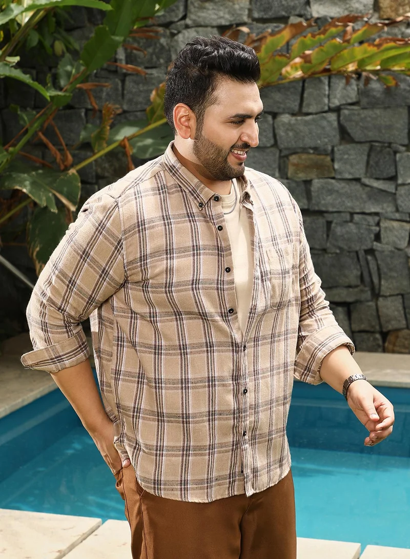 Instafab Plus  Instafab Plus Men's Camel Beige Plaid-Woven Regular Shirt | Button-Down Collar , Long Cuffed Sleeves , Button Closure , Curved Hemline | Plaid Plain Cotton-Blend Material For Street & Casual Wear for Men | Best Price UAE