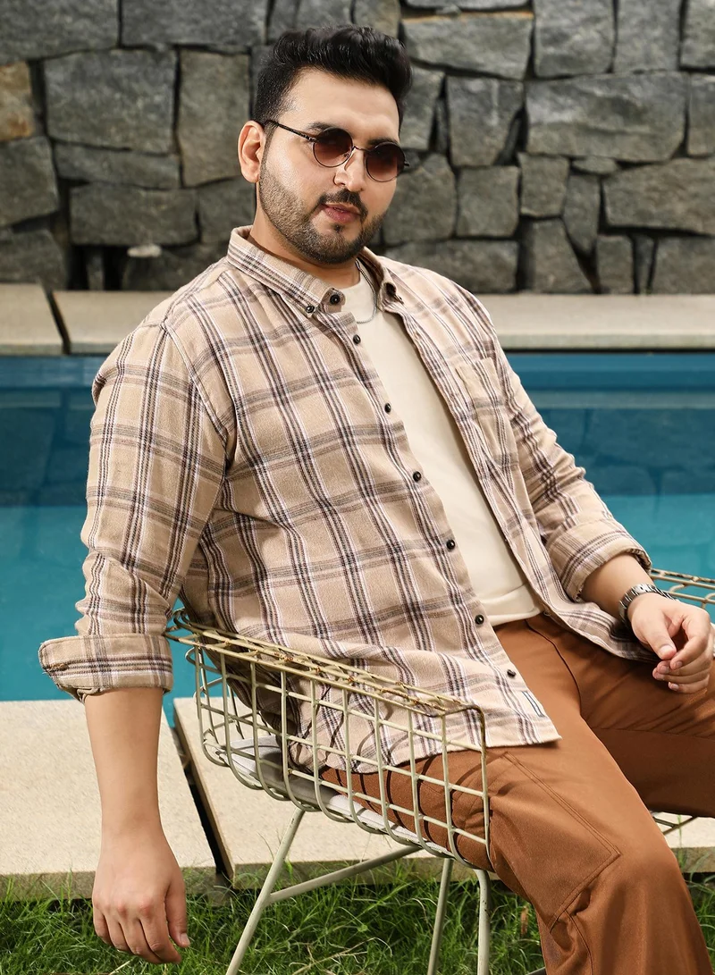 Instafab Plus Instafab Plus Men's Camel Beige Plaid-Woven Regular Shirt | Button-Down Collar , Long Cuffed Sleeves , Button Closure , Curved Hemline | Plaid Plain Cotton-Blend Material For Street & Casual Wear