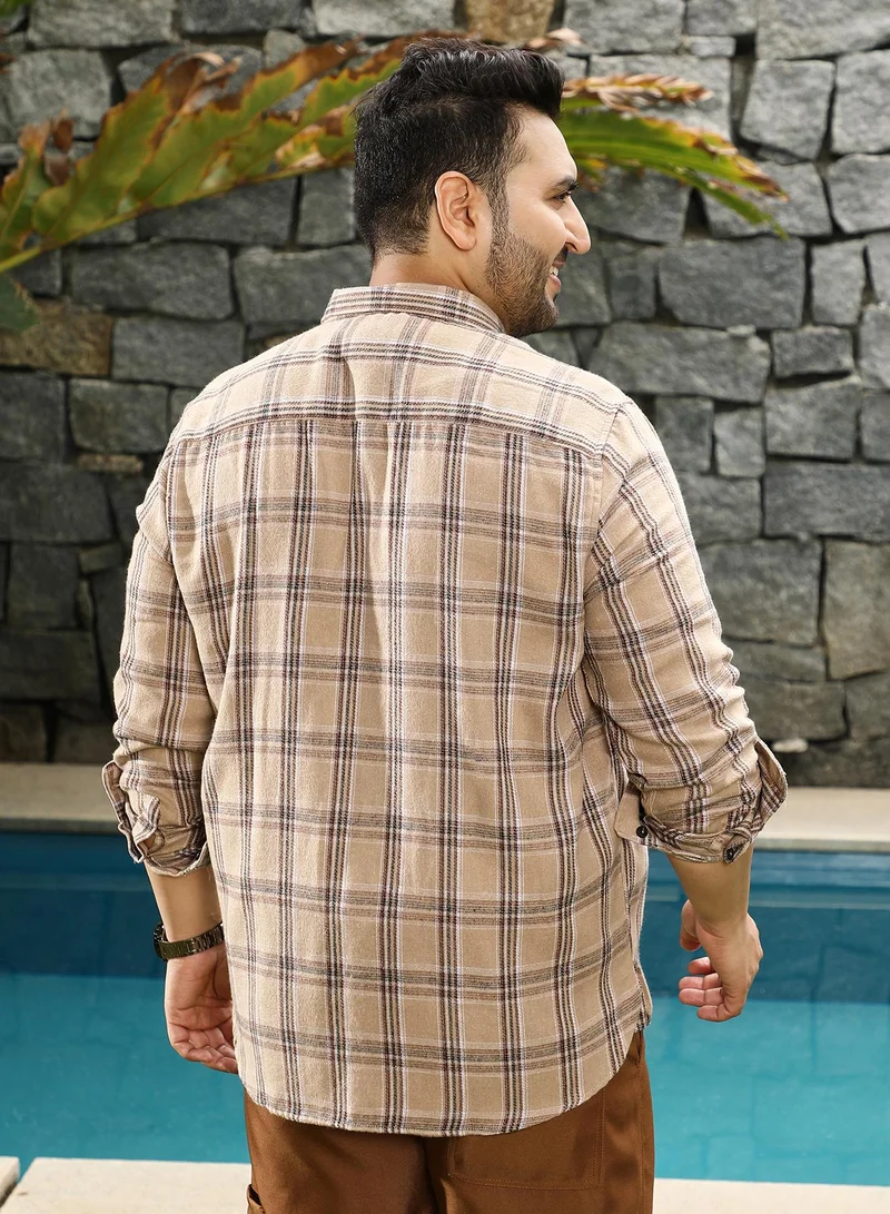 Instafab Plus  Instafab Plus Men's Camel Beige Plaid-Woven Regular Shirt | Button-Down Collar , Long Cuffed Sleeves , Button Closure , Curved Hemline | Plaid Plain Cotton-Blend Material For Street & Casual Wear for Men | Best Price UAE