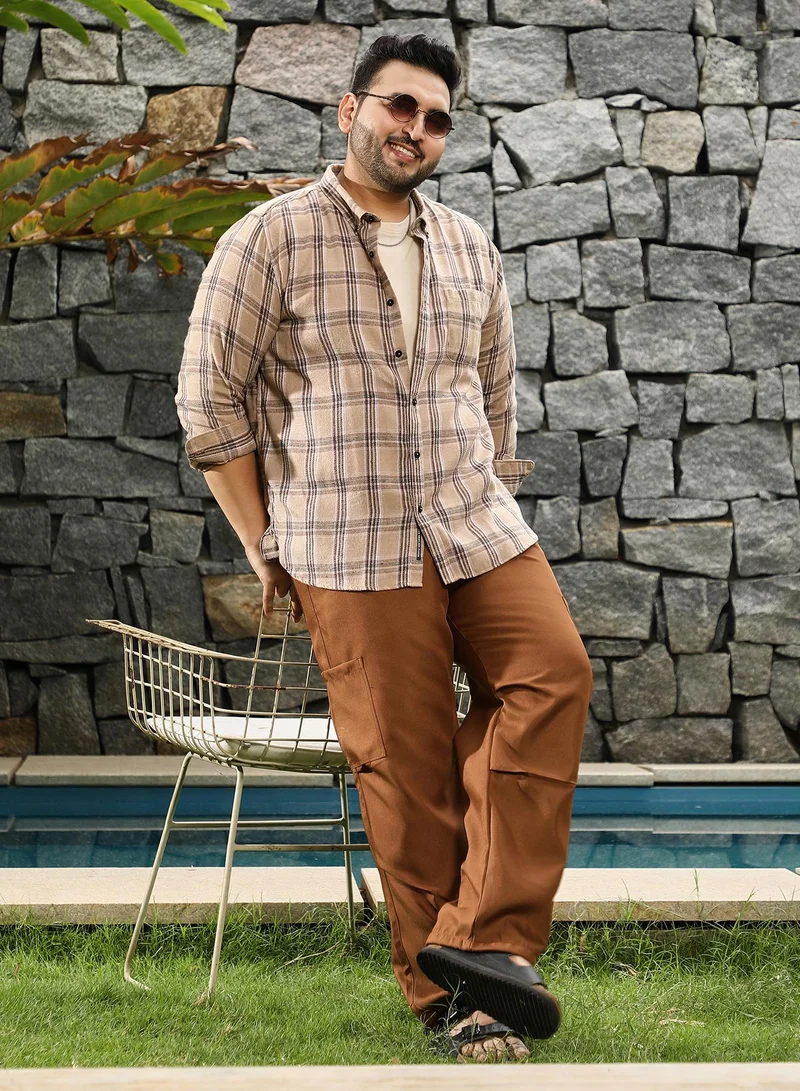 Instafab Plus  Instafab Plus Men's Camel Beige Plaid-Woven Regular Shirt | Button-Down Collar , Long Cuffed Sleeves , Button Closure , Curved Hemline | Plaid Plain Cotton-Blend Material For Street & Casual Wear for Men | Best Price UAE