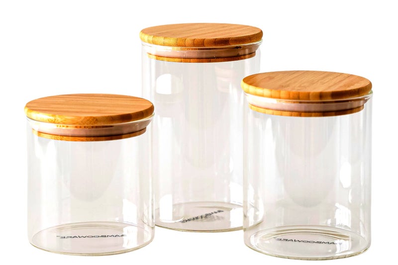 Bambooware Glass Storage Containers with Lids Kitchen Organization Pantry Organization Set of 3 Canisters Airtight Glass Jars Wooden Lid for Sugar Flour Candy Cookies Rice Pasta Spices