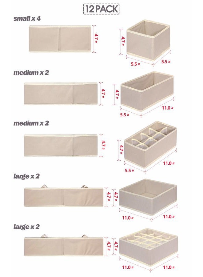 TENABORT 12 Pack Foldable Drawer Organizer Dividers Cloth Storage Box Closet Dresser Organizer Cube Fabric Containers Basket Bins for Underwear Bras Socks Panties Lingeries Nursery Baby Clothes Beige - Image 2