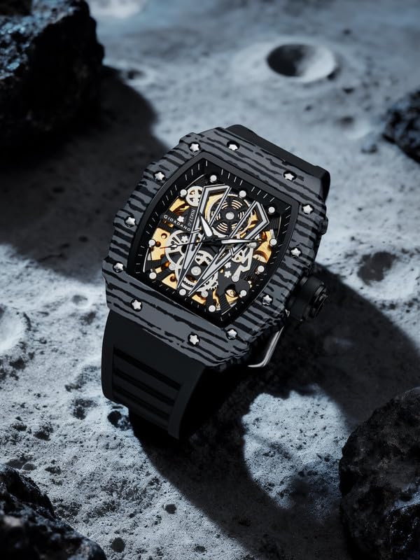 Giordano Automatic Square Watch for Men with Skeleton Design, Rugged Textured Case, Luminous Hands, and Silicone Strap - GZ-50181-11 - Image 5